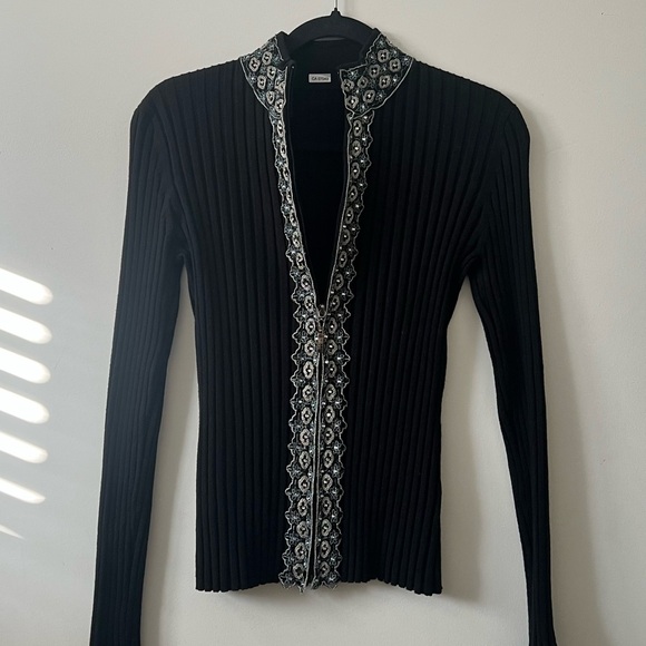 Ribbed zip up long sleeve sweater scallop hem mock neck beaded embellishments * - Picture 4 of 11